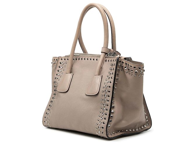Borsa Satchel Prada Glace Calf con borchie e doppia tasca, Beige - vista 2