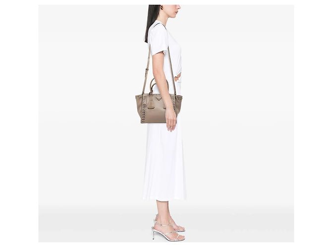 Borsa Satchel Prada Glace Calf con borchie e doppia tasca, Beige - vista 6