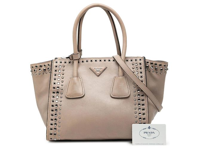 Borsa Satchel Prada Glace Calf con borchie e doppia tasca, Beige - vista 7