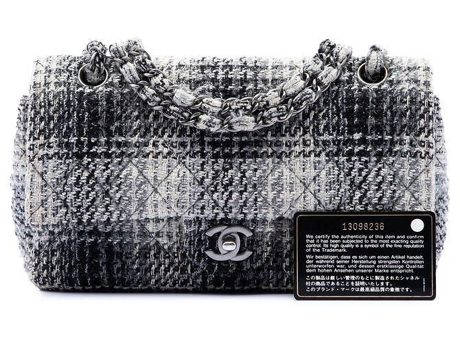 Borsa a tracolla Chanel Medium Classic Quilted Tweed Double Flap nera Nero - vista 7