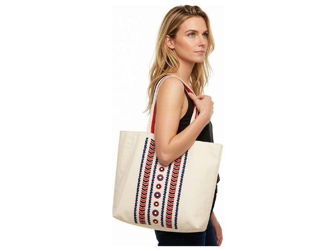 Borsa Tote Tory Burch in pelle bianca ricamata e decorata Bianco Rosso Blu - vista 2