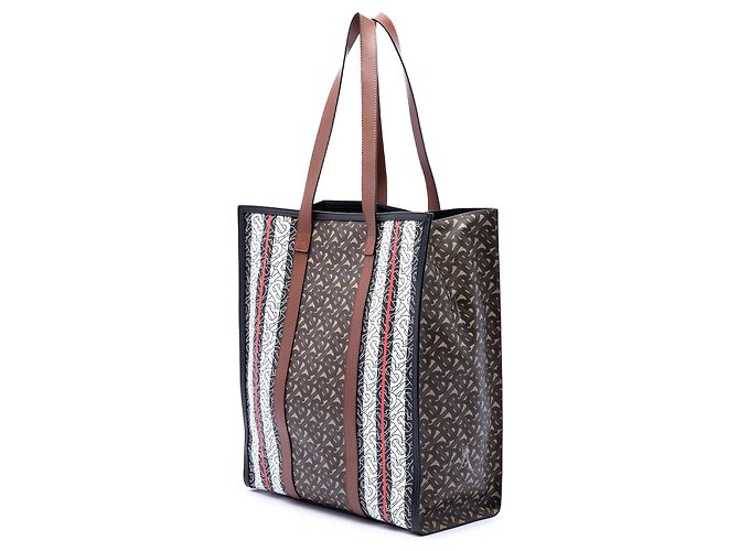 Tote verticale a righe in E-Canvas con monogramma TB Burberry marrone - vista 2