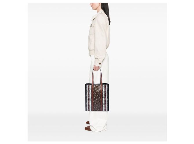 Tote verticale a righe in E-Canvas con monogramma TB Burberry marrone - vista 6