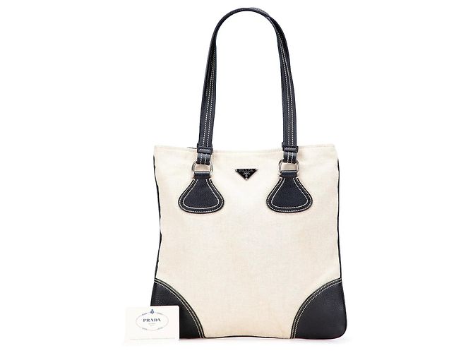 Tote in tela Canapa con bordi in Vitello marrone Prada - vista 13