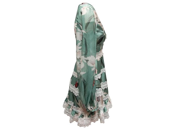 Autre Marque Grünes und cremefarbenes PatBO Mini-Kleid mit Blumenprint Größe US 0 - Ansicht 2