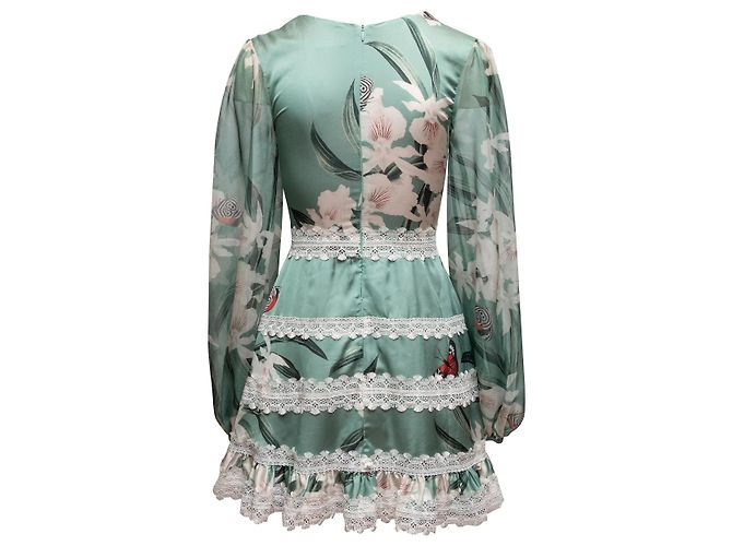 Autre Marque Grünes und cremefarbenes PatBO Mini-Kleid mit Blumenprint Größe US 0 - Ansicht 3
