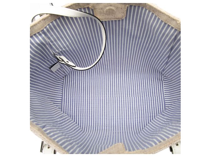 Borsa Tote Shopper Prada in tela beige con logo e strisce - vista 4