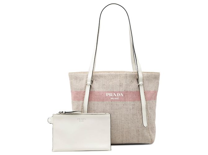 Borsa Tote Shopper Prada in tela beige con logo e strisce - vista 7