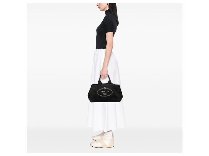 Borsa Tote e Borsa a tracolla Prada Large Canvas Canapa Logo nera Nero - vista 6