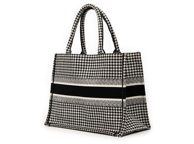 Book Tote Dior in tela nera con ricamo houndstooth, misura Medium Nero - vista 2