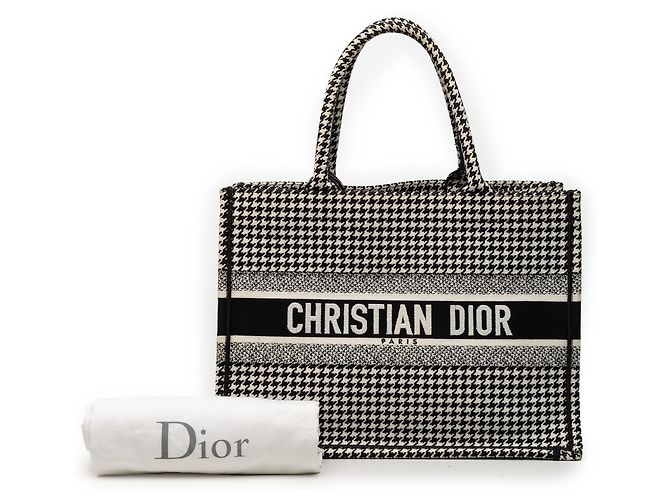 Book Tote Dior in tela nera con ricamo houndstooth, misura Medium Nero - vista 8