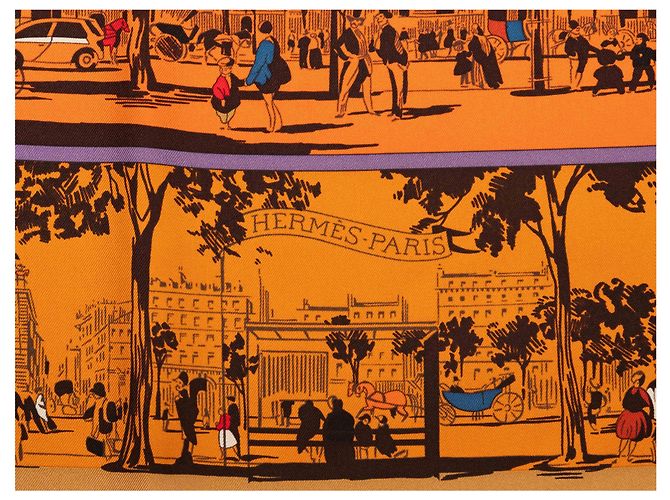 Hermès Sciarpa in seta stampata con motivo 'Orgauphone et Autres Mecaniques', Arancione & Multicolor - vista 2
