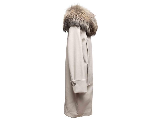 Hellgrauer Roberto Cavalli Mantel aus Virgin Wool mit Pelzbesatz Größe IT 44 - Ansicht 2