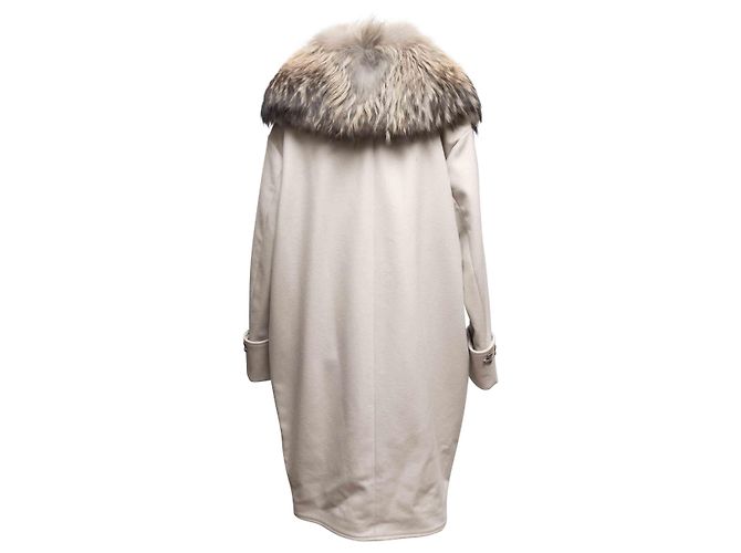 Hellgrauer Roberto Cavalli Mantel aus Virgin Wool mit Pelzbesatz Größe IT 44 - Ansicht 3