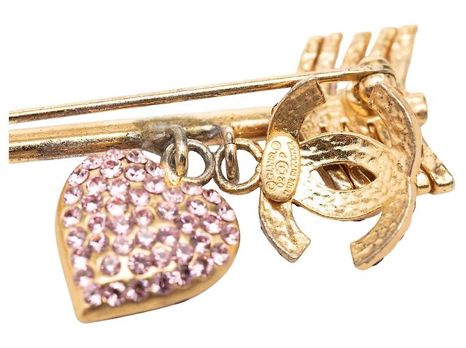 Spilla Broche Chanel CC Placcata Oro con Strass Freccia e Cuore D'oro - vista 3