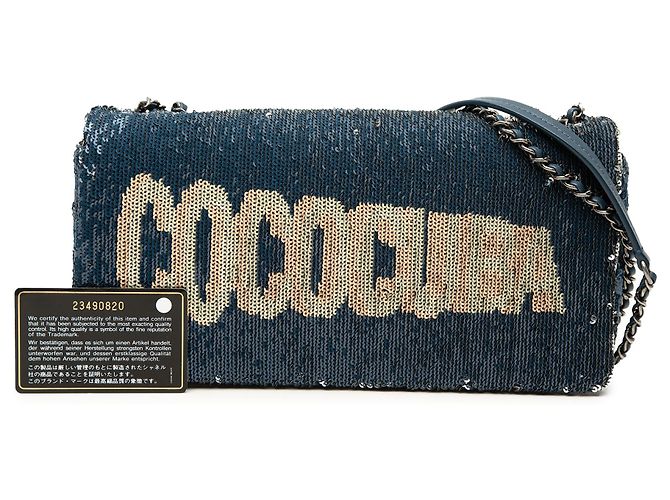 Clutch con paillettes Blue Chanel Coco Cuba con catena a tracolla - vista 7