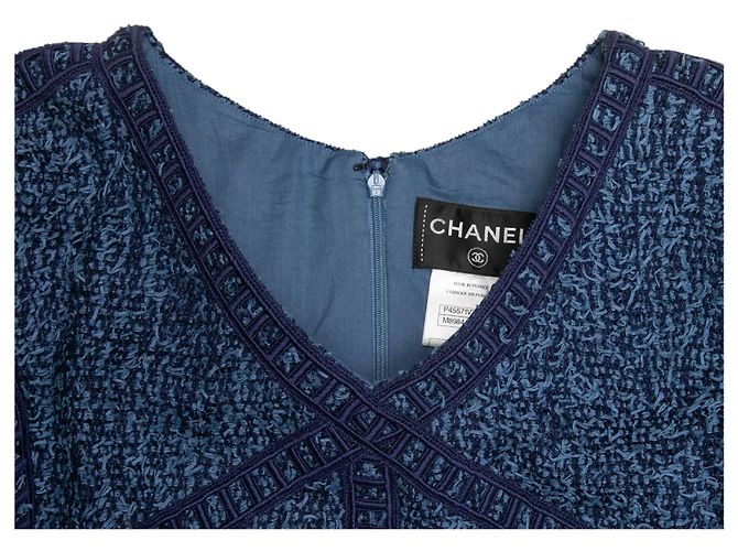 Chanel Tweed Kurzarmkleid Marine Größe FR 50 Blau - Ansicht 4