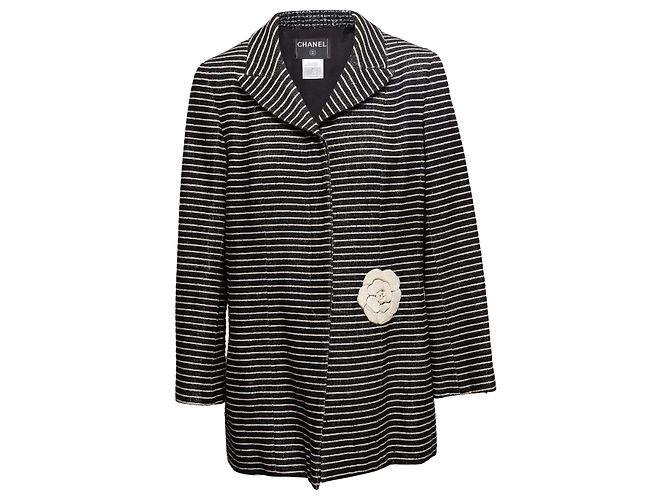 Vintage Black & White Chanel Striped Camellia Jacket Size FR 48 - view 2