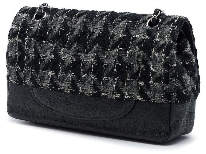 Borsa a tracolla Chanel Medium Classic Tweed e Caviar Double Flap nera Nero - vista 2