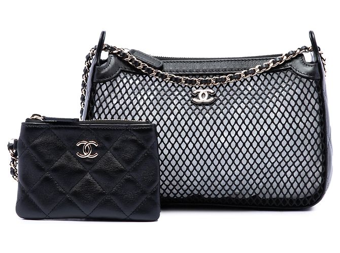 Clutch Chanel CC in mesh e agnello lucido con borsa a tracolla con catena nera Nero - vista 7