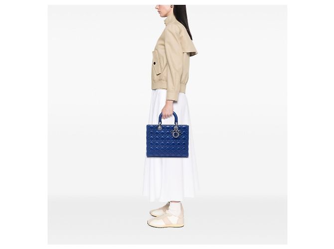 Borsa Lady Dior Large in agnello cannage blu - vista 6