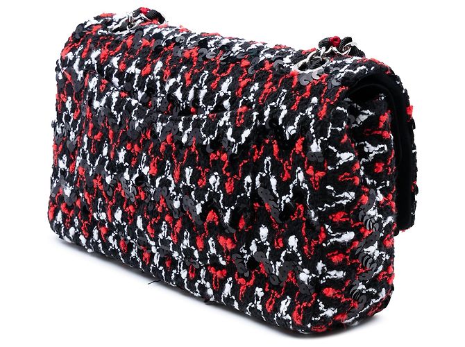 Borsa a tracolla Chanel Medium Classic Tweed con paillettes e doppia patta nera Nero - vista 2
