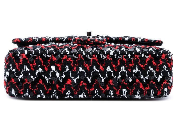 Borsa a tracolla Chanel Medium Classic Tweed con paillettes e doppia patta nera Nero - vista 3