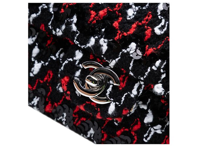 Borsa a tracolla Chanel Medium Classic Tweed con paillettes e doppia patta nera Nero - vista 6