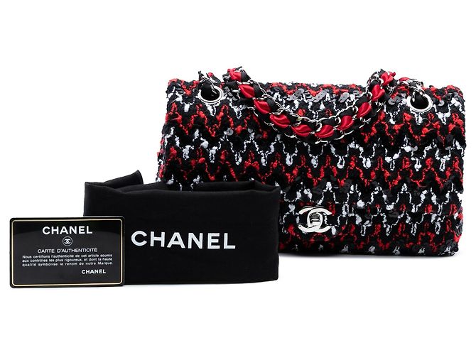 Borsa a tracolla Chanel Medium Classic Tweed con paillettes e doppia patta nera Nero - vista 8