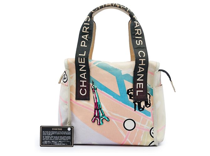 Borsa Chanel in tela beige Torre Eiffel - vista 6