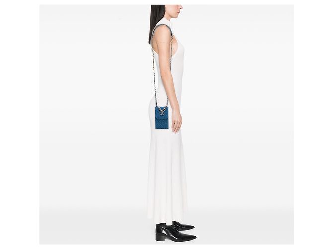 Borsa telefono Chanel 19 in denim blu con catena - vista 6