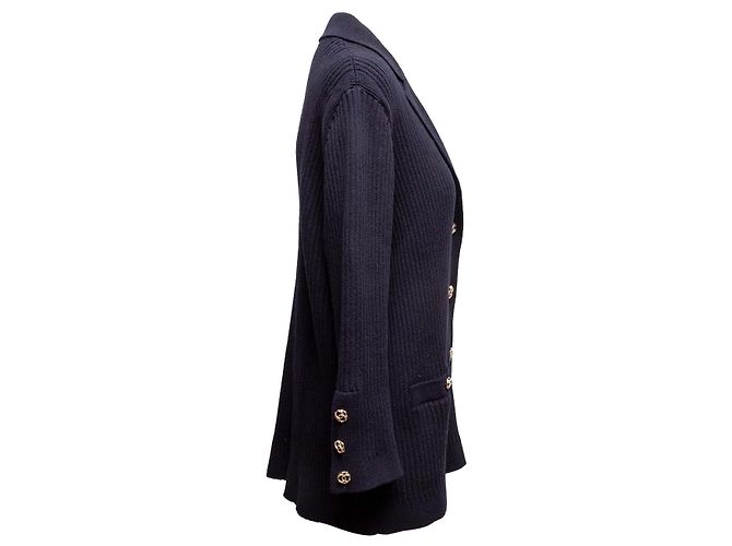 Marineblauer Chanel Baumwoll-Rippstrick-Cardigan Größe FR 48 - Ansicht 2