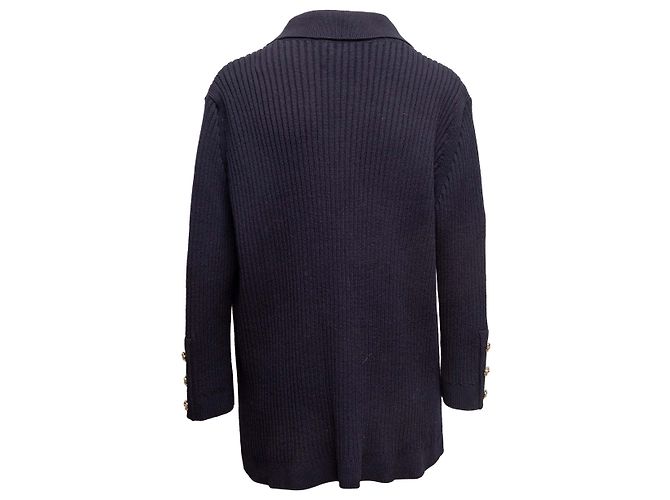 Marineblauer Chanel Baumwoll-Rippstrick-Cardigan Größe FR 48 - Ansicht 3