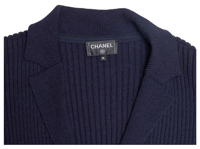 Marineblauer Chanel Baumwoll-Rippstrick-Cardigan Größe FR 48 - Ansicht 8