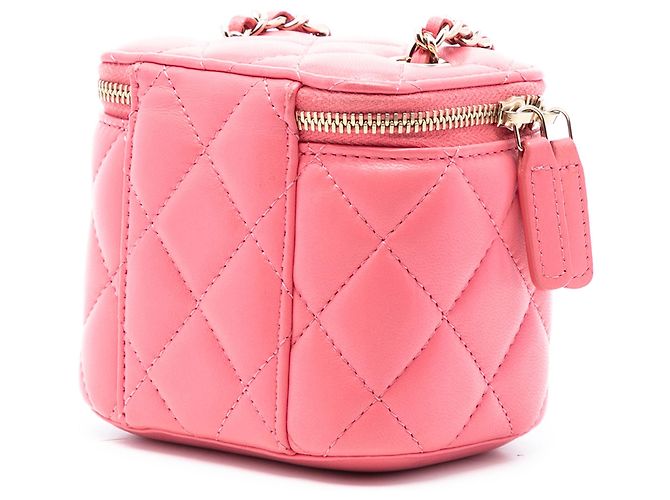 Mini Vanity Case Chanel in agnello trapuntato rosa con manico e tracolla a catena - vista 2