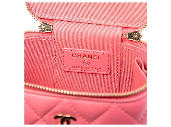 Mini Vanity Case Chanel in agnello trapuntato rosa con manico e tracolla a catena - vista 5