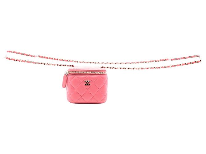 Mini Vanity Case Chanel in agnello trapuntato rosa con manico e tracolla a catena - vista 7