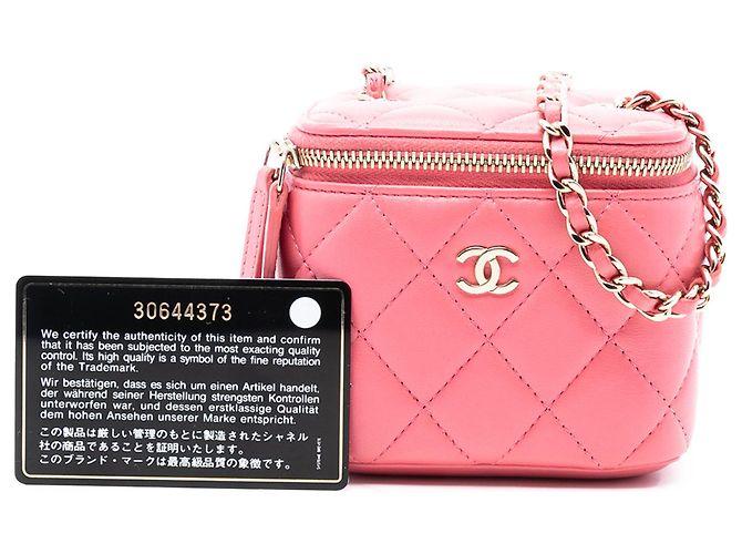 Mini Vanity Case Chanel in agnello trapuntato rosa con manico e tracolla a catena - vista 9