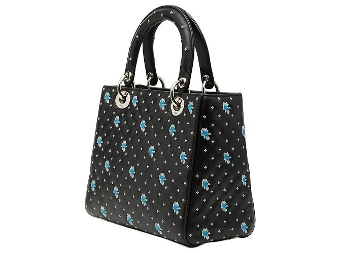 Borsa Lady Dior Medium in pelle di vitello nera con fiori ricamati Nero - vista 2