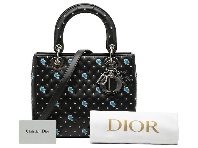 Borsa Lady Dior Medium in pelle di vitello nera con fiori ricamati Nero - vista 8