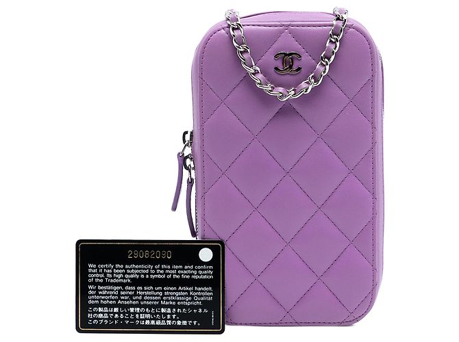 Borsa crossbody per telefono con zip in agnello trapuntato CC Chanel viola Porpora - vista 8