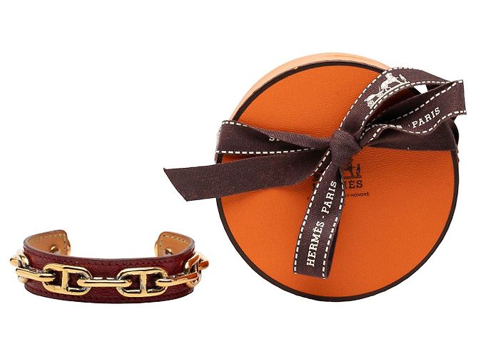 Bracciale rigido Chaine d'Ancre in pelle rossa e placcato oro Hermès Rosso - vista 6
