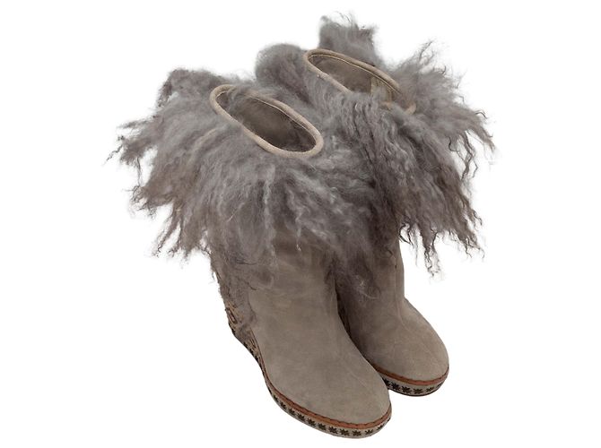 Graue Alberta Ferretti Keilabsatz-Stiefeletten aus Wildleder und Lammfell Größe 38 - Ansicht 2