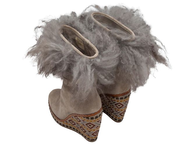Graue Alberta Ferretti Keilabsatz-Stiefeletten aus Wildleder und Lammfell Größe 38 - Ansicht 3