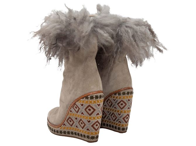 Graue Alberta Ferretti Keilabsatz-Stiefeletten aus Wildleder und Lammfell Größe 38 - Ansicht 4