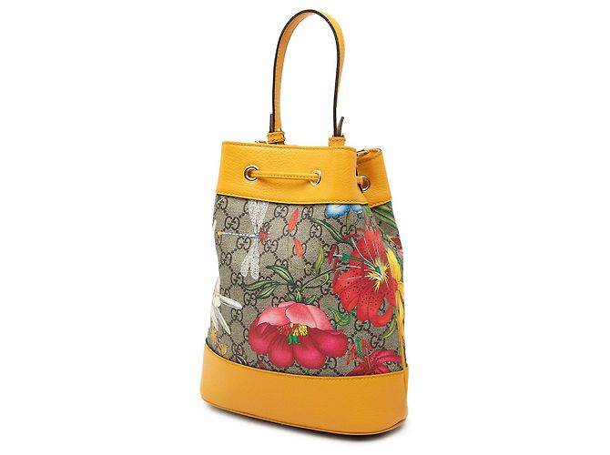 Borsa a secchiello Gucci Small GG Supreme Flora Ophidia beige - vista 2