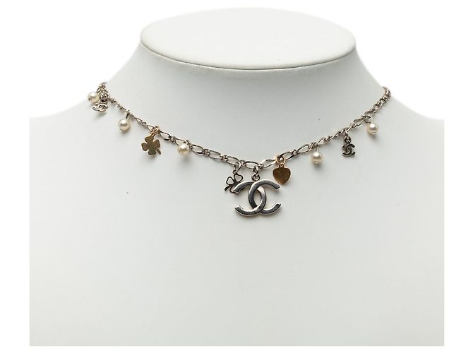 Collana Lucky Charm Chanel CC in ottone argentato e placcato oro con perle finte Argento - vista 6