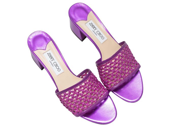 Sandali con tacco in rafia e pelle metallizzata viola Jimmy Choo Taglia 39.5 - vista 2