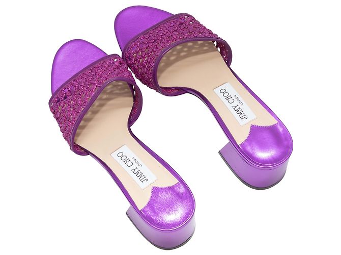 Sandali con tacco in rafia e pelle metallizzata viola Jimmy Choo Taglia 39.5 - vista 3