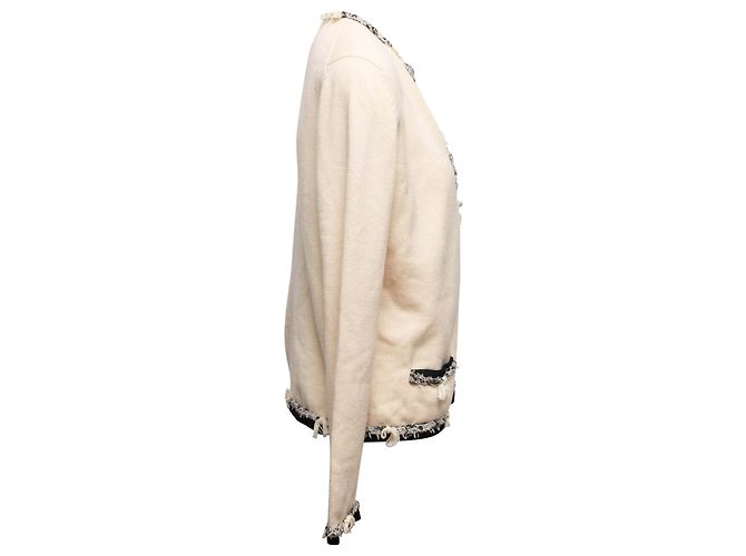 Vintage Beige & Schwarz Chanel Cashmere Cardigan mit offenem Front Verschluss Größe FR 42 - Ansicht 3